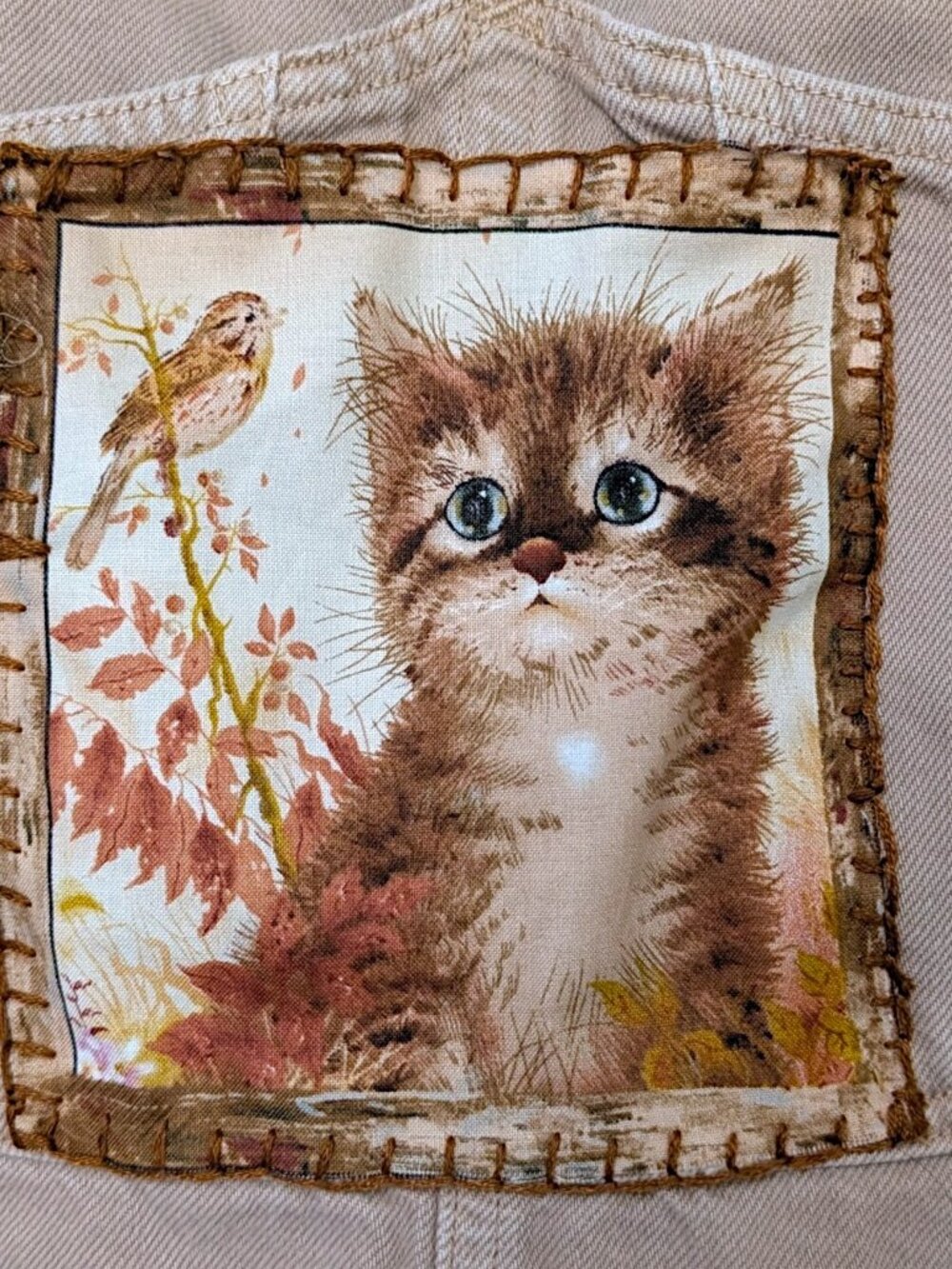 VTG 90s prairie fairy cottage kitten cat brown taupe denim overalls OS unisex - Picture 6 of 9